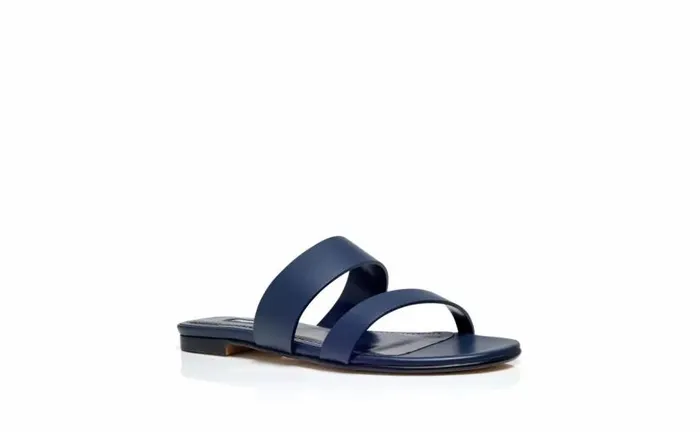 Women Navy Blue Calf Leather Flat Sandals Manolo Blahnik Flats