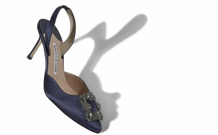 Women Navy Blue Satin Jewel Buckle Slingback Pumps Manolo Blahnik Pumps