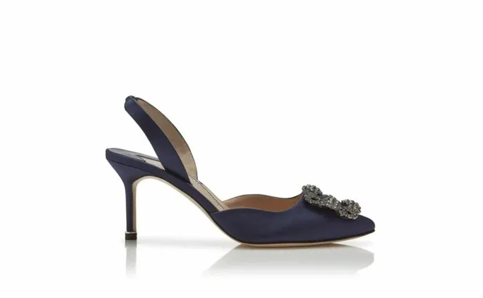 Women Navy Blue Satin Jewel Buckle Slingback Pumps Manolo Blahnik Pumps