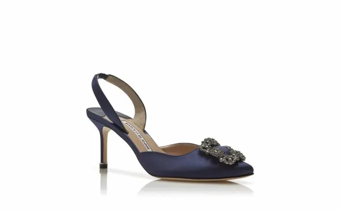 Women Navy Blue Satin Jewel Buckle Slingback Pumps Manolo Blahnik Pumps
