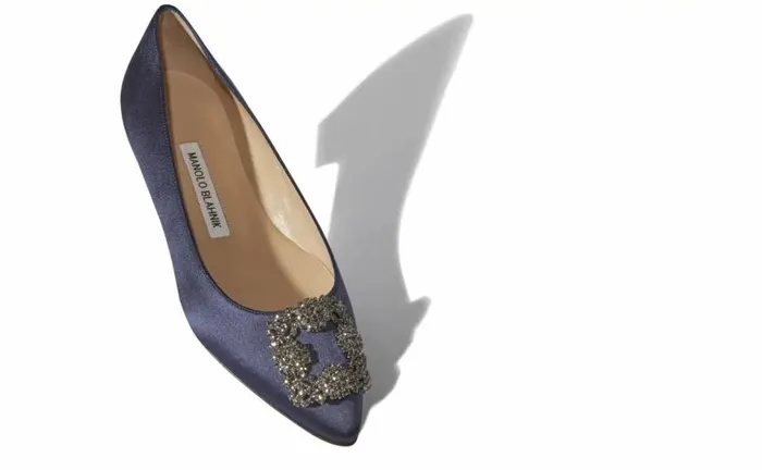 Women Navy Satin Jewel Buckle Flat Pumps Manolo Blahnik Flats
