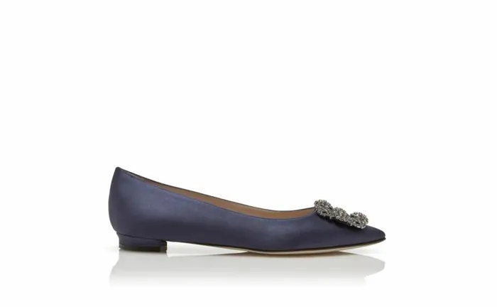 Women Navy Satin Jewel Buckle Flat Pumps Manolo Blahnik Flats