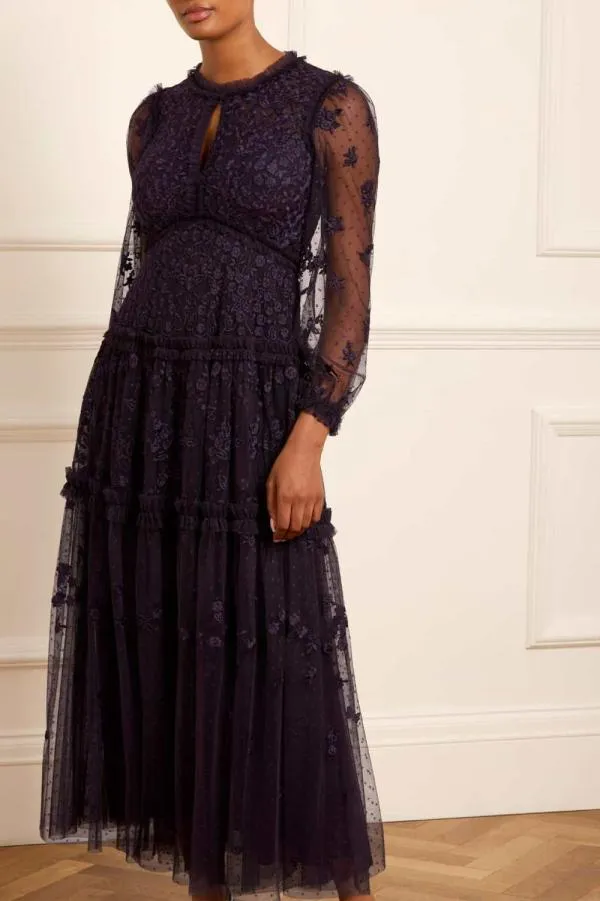 Women Needle and Thread Autumn Lace Long Sleeve Ankle Gown Blue