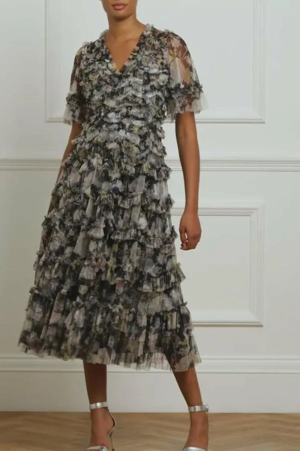 Women Needle and Thread Moonlight Petals VNeck Ballerina Dress Black Women Needle and Thread Moonlight Petals VNeck Ballerina Dress Black