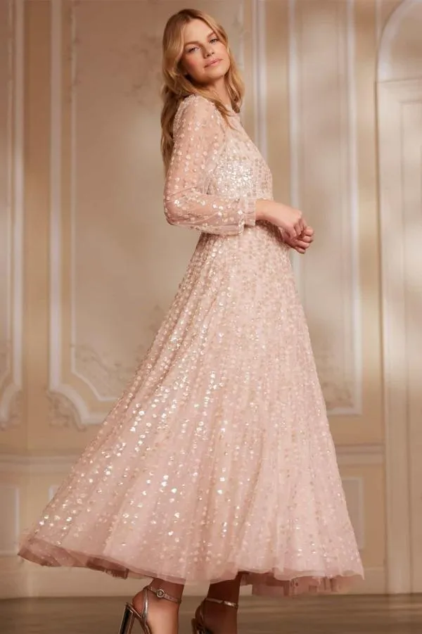Women Needle and Thread Raindrop Long Sleeve Ankle Gown Beige