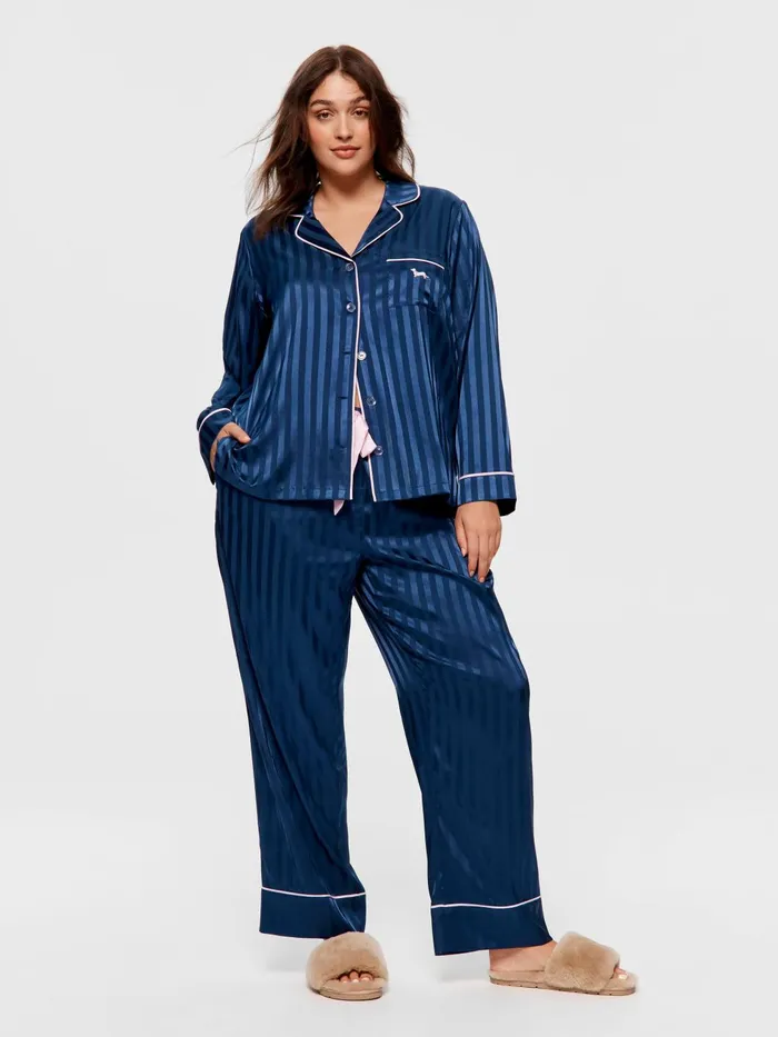 Women PA Plus Navy Stripe Chic Satin Long Sleeve Pj Set Navy Stripe Peter Alexander Satin