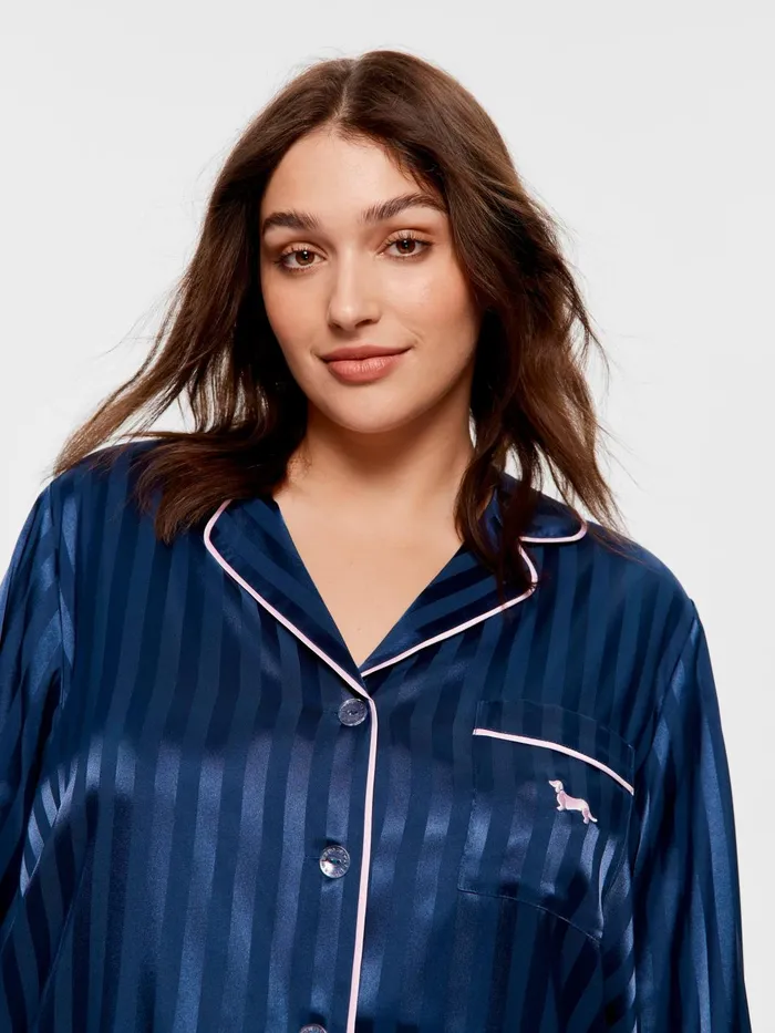 Women PA Plus Navy Stripe Chic Satin Long Sleeve Pj Set Navy Stripe Peter Alexander Satin