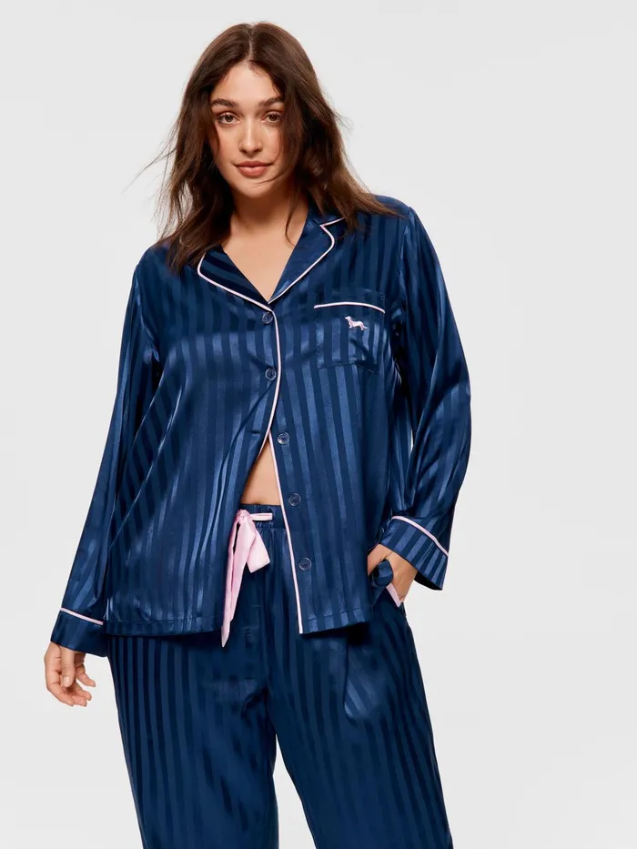 Women PA Plus Navy Stripe Chic Satin Long Sleeve Pj Set Navy Stripe Peter Alexander Satin