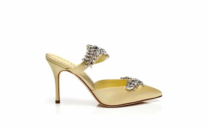 Women Pale Yellow Satin Crystal Embellished Mules Manolo Blahnik Mules