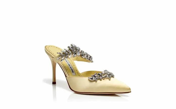 Women Pale Yellow Satin Crystal Embellished Mules Manolo Blahnik Mules
