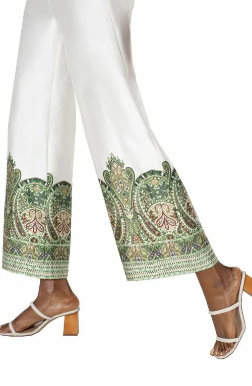 Women Pants Liverpool Los Angeles Pullon Wide Leg Cream Olive Paisley Print
