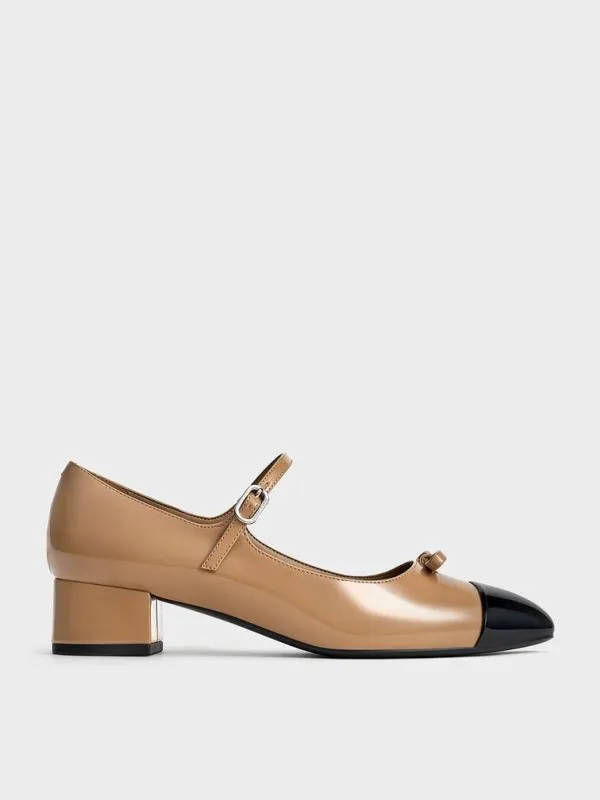 Women Patent Bow CapToe Mary Jane Pumps 8211 Caramel CHARLES and KEITH Heels