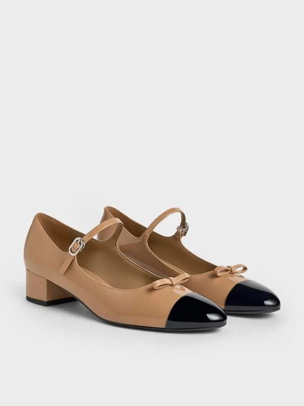 Women Patent Bow CapToe Mary Jane Pumps 8211 Caramel CHARLES and KEITH Heels