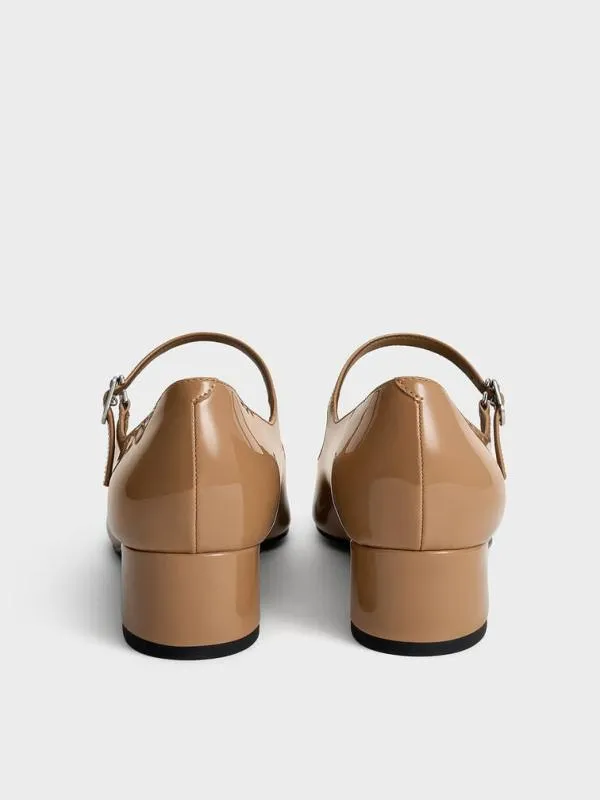Women Patent Bow CapToe Mary Jane Pumps 8211 Caramel CHARLES and KEITH Heels