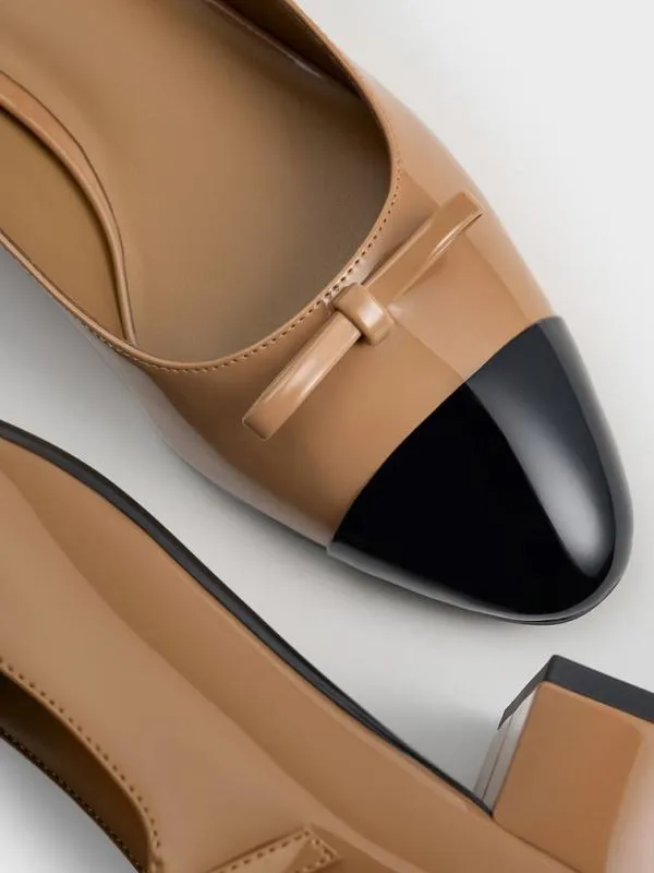 Women Patent Bow CapToe Mary Jane Pumps 8211 Caramel CHARLES and KEITH Heels