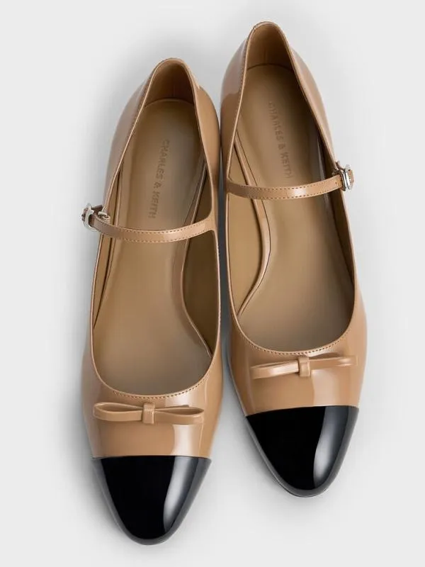 Women Patent Bow CapToe Mary Jane Pumps 8211 Caramel CHARLES and KEITH Heels
