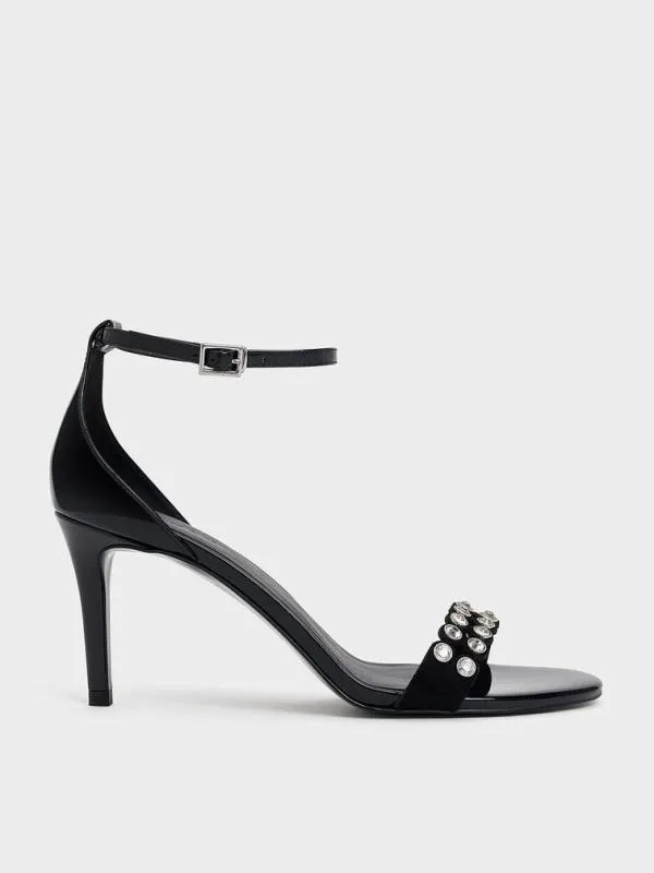 Women Patent CrystalEmbellished Heeled AnkleStrap Sandals 8211 Black Patent CHARLES and KEITH Sandals