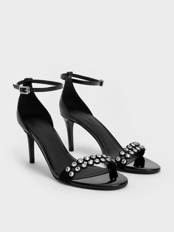 Women Patent CrystalEmbellished Heeled AnkleStrap Sandals 8211 Black Patent CHARLES and KEITH Sandals