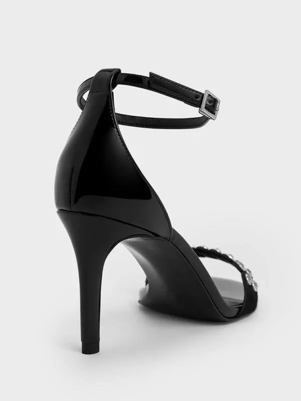Women Patent CrystalEmbellished Heeled AnkleStrap Sandals 8211 Black Patent CHARLES and KEITH Sandals