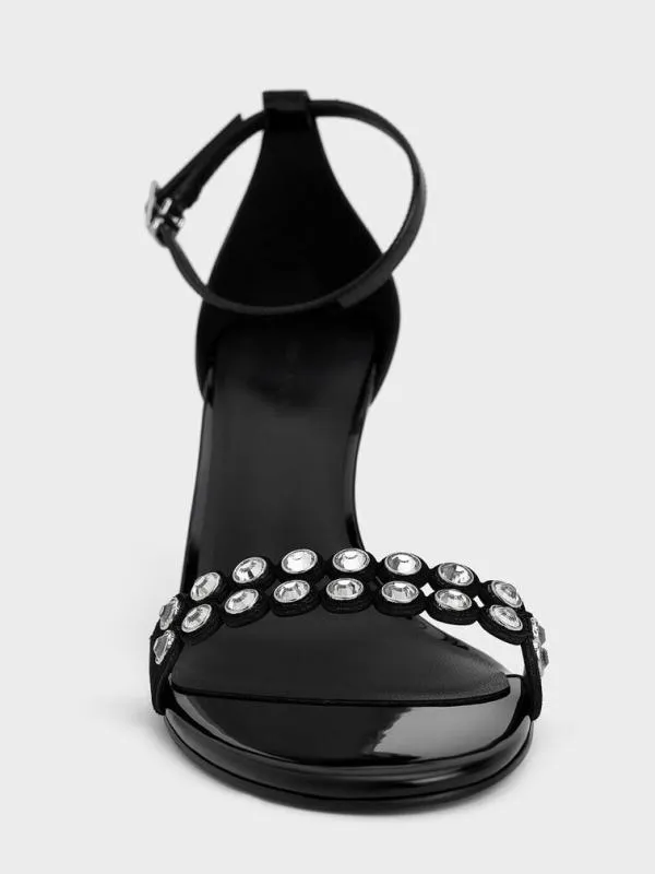Women Patent CrystalEmbellished Heeled AnkleStrap Sandals 8211 Black Patent CHARLES and KEITH Sandals
