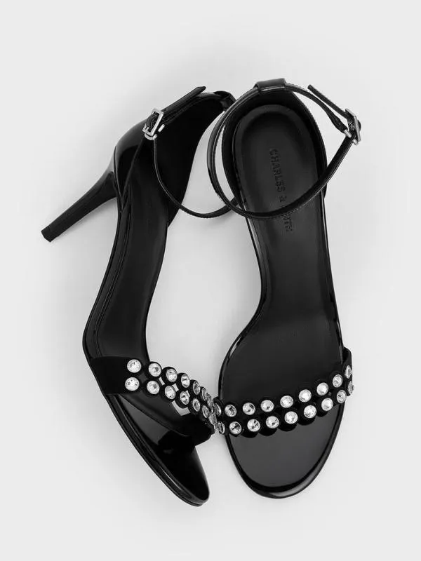 Women Patent CrystalEmbellished Heeled AnkleStrap Sandals 8211 Black Patent CHARLES and KEITH Sandals