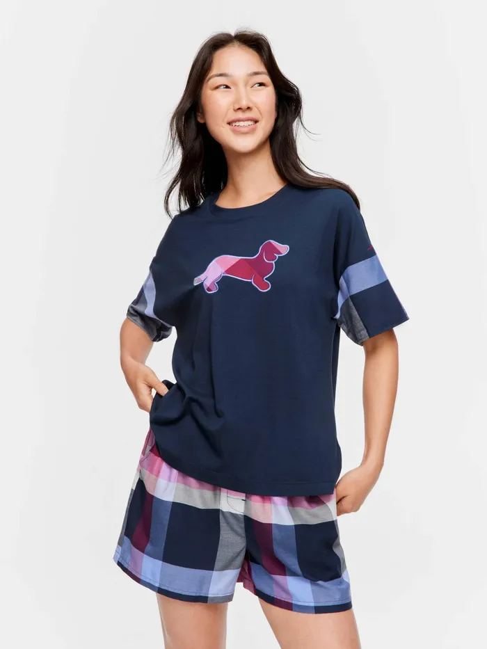 Women Penny Logo Check Oversized Tee Navy Peter Alexander Tops
