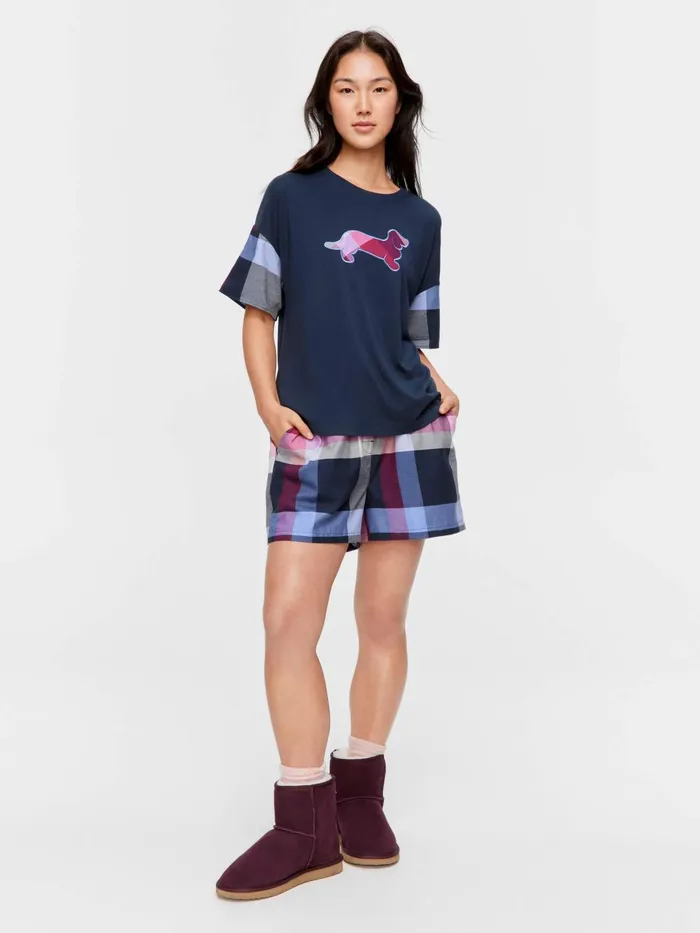Women Penny Logo Check Oversized Tee Navy Peter Alexander Tops
