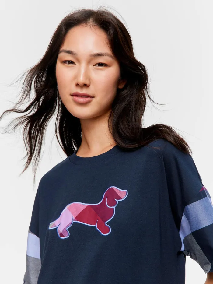 Women Penny Logo Check Oversized Tee Navy Peter Alexander Tops