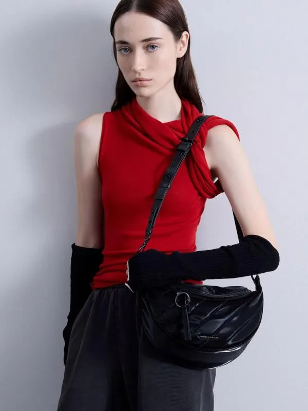 Women Philomena Shiny HalfMoon Crossbody Bag 8211 Jet Black CHARLES and KEITH Crossbody Bags