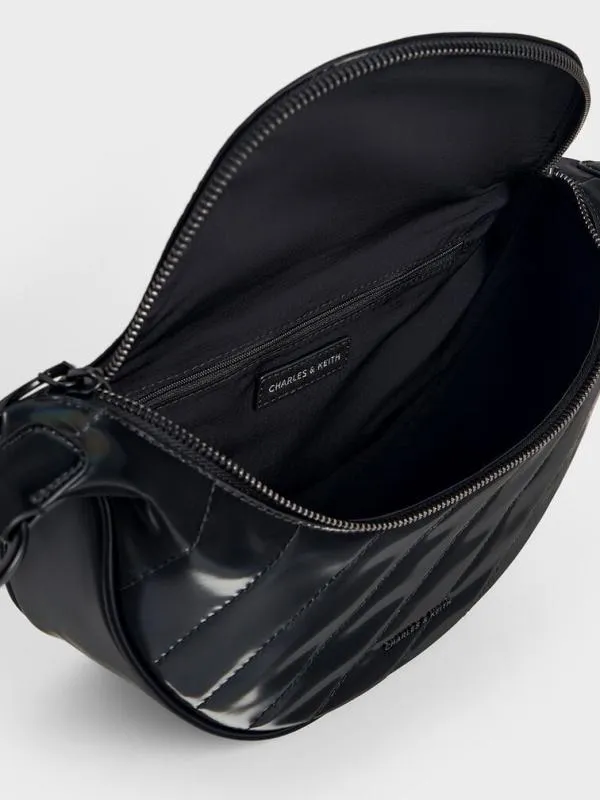 Women Philomena Shiny HalfMoon Crossbody Bag 8211 Jet Black CHARLES and KEITH Crossbody Bags