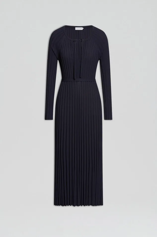 Women PLEATED RIB DRAWCORD DRESS NAVY Dresses Scanlan Theodore Women PLEATED RIB DRAWCORD DRESS NAVY Dresses Scanlan Theodore