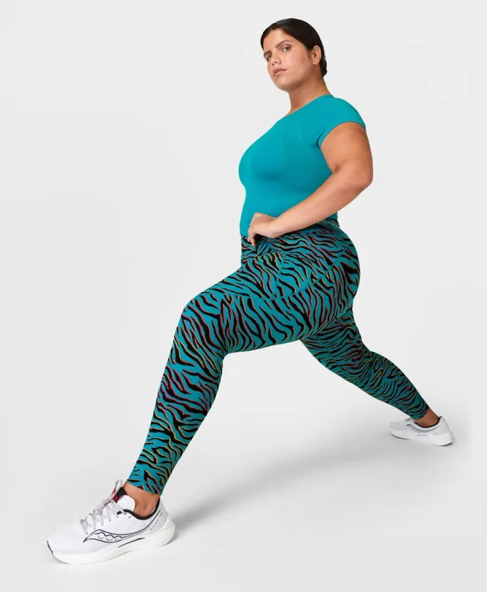 Women Power Gym Leggings Blue Gradient Tiger Print Sweaty Betty Pocketed