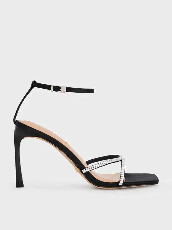 Women Recycled Polyester CrystalEmbellished AnkleStrap Sandals 8211 Black Textured CHARLES and KEITH Heels Women Recycled Polyester CrystalEmbellished AnkleStrap Sandals 8211 Black Textured CHARLES and KEITH Heels