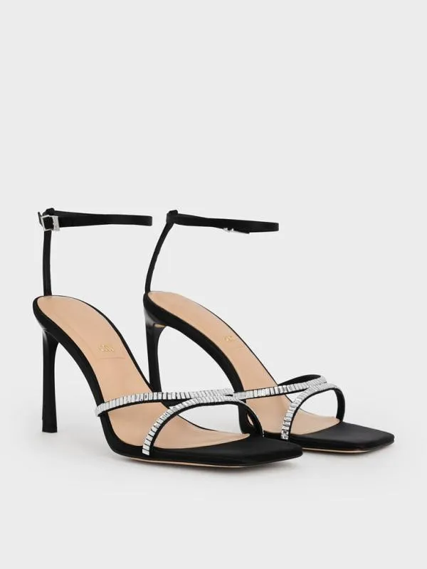 Women Recycled Polyester CrystalEmbellished AnkleStrap Sandals 8211 Black Textured CHARLES and KEITH Heels