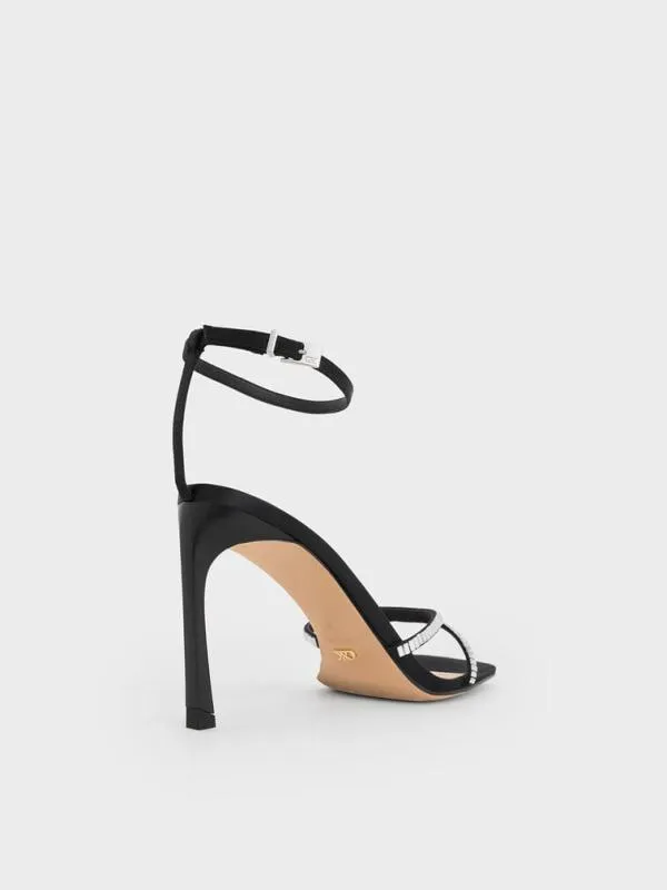 Women Recycled Polyester CrystalEmbellished AnkleStrap Sandals 8211 Black Textured CHARLES and KEITH Heels