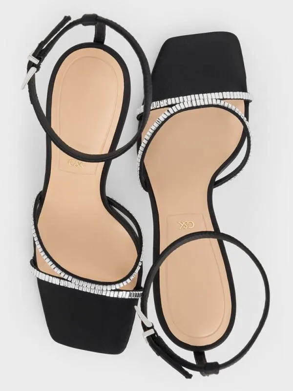 Women Recycled Polyester CrystalEmbellished AnkleStrap Sandals 8211 Black Textured CHARLES and KEITH Heels