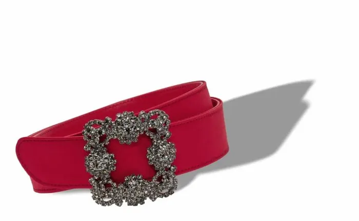 Women Red Satin Crystal Buckled Belt Manolo Blahnik Belts