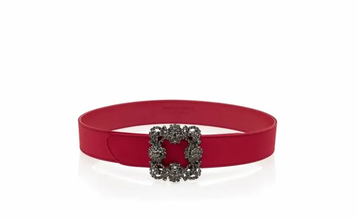Women Red Satin Crystal Buckled Belt Manolo Blahnik Belts