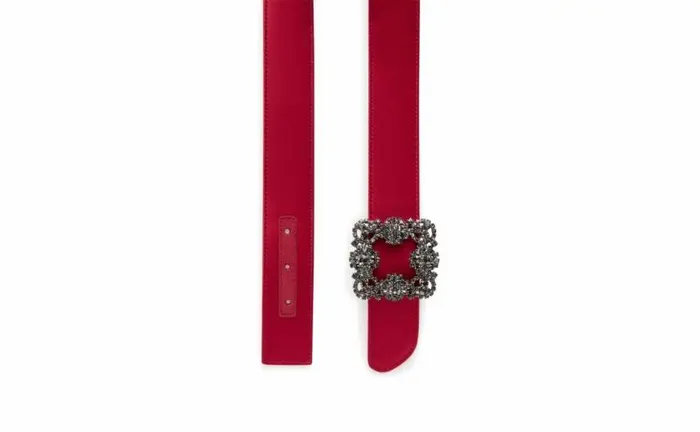 Women Red Satin Crystal Buckled Belt Manolo Blahnik Belts