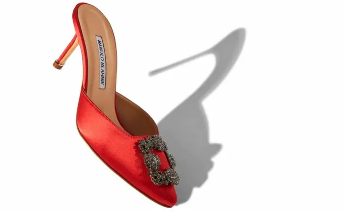 Women Red Satin Jewel Buckle Mules Manolo Blahnik Mules
