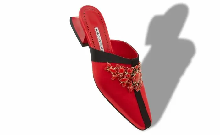 Women Red Satin Jewel Embellished Mules Manolo Blahnik Mules