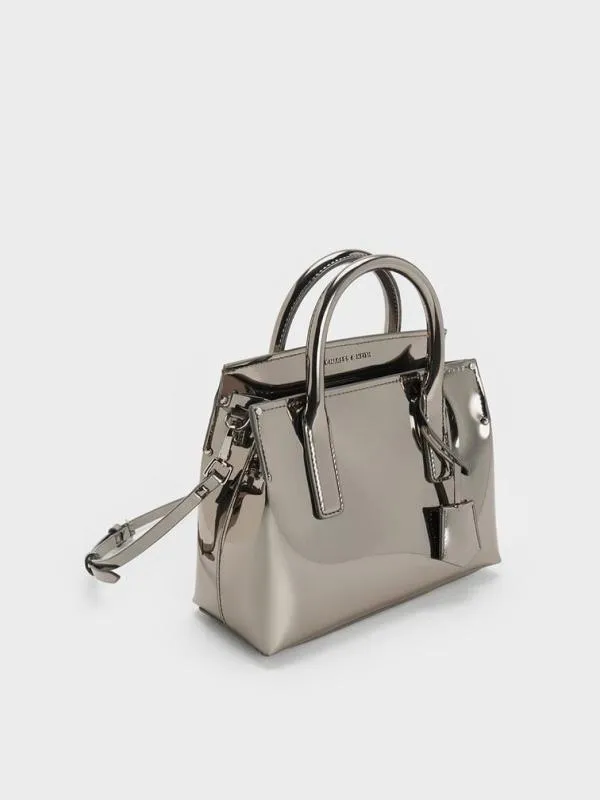Women Rene Metallic Structured Top Handle Bag 8211 Pewter CHARLES and KEITH Crossbody Bags