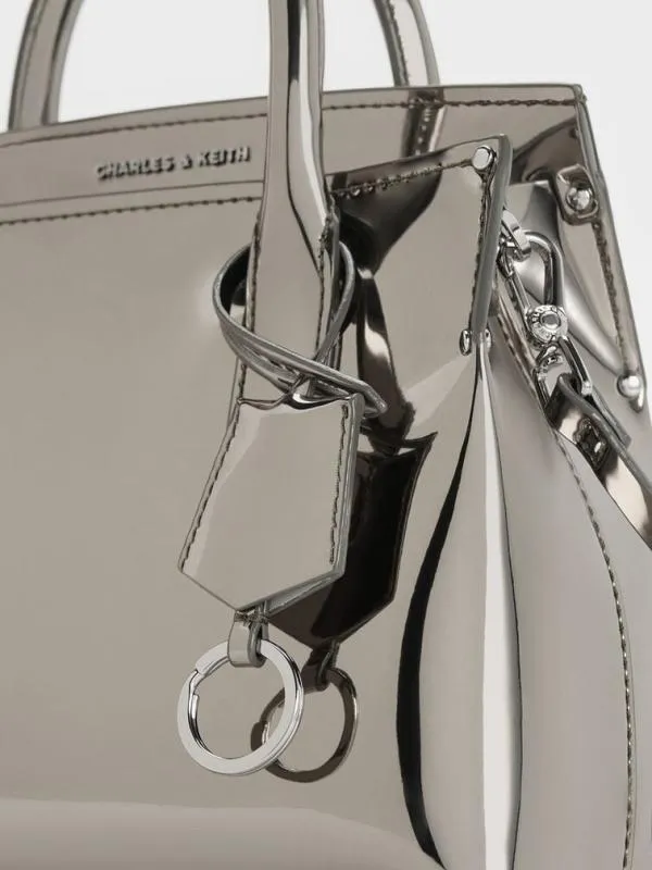 Women Rene Metallic Structured Top Handle Bag 8211 Pewter CHARLES and KEITH Crossbody Bags