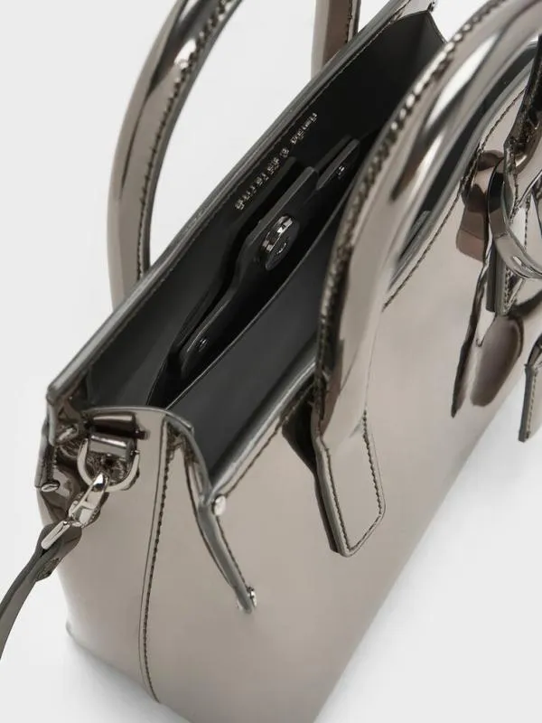 Women Rene Metallic Structured Top Handle Bag 8211 Pewter CHARLES and KEITH Crossbody Bags