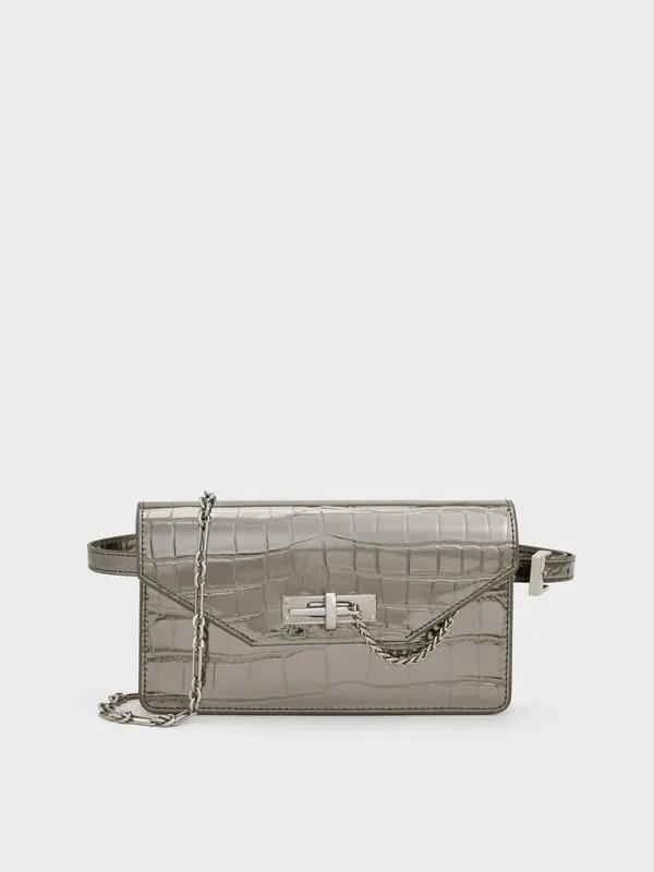 Women Samantha Metallic CrocEffect ChainEmbellished Crossbody Bag 8211 Pewter CHARLES and KEITH Crossbody Bags