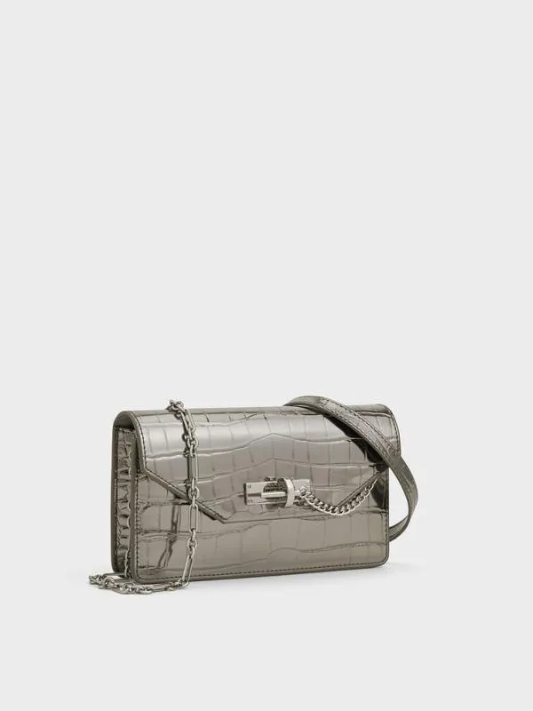 Women Samantha Metallic CrocEffect ChainEmbellished Crossbody Bag 8211 Pewter CHARLES and KEITH Crossbody Bags