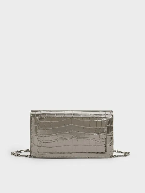 Women Samantha Metallic CrocEffect ChainEmbellished Crossbody Bag 8211 Pewter CHARLES and KEITH Crossbody Bags