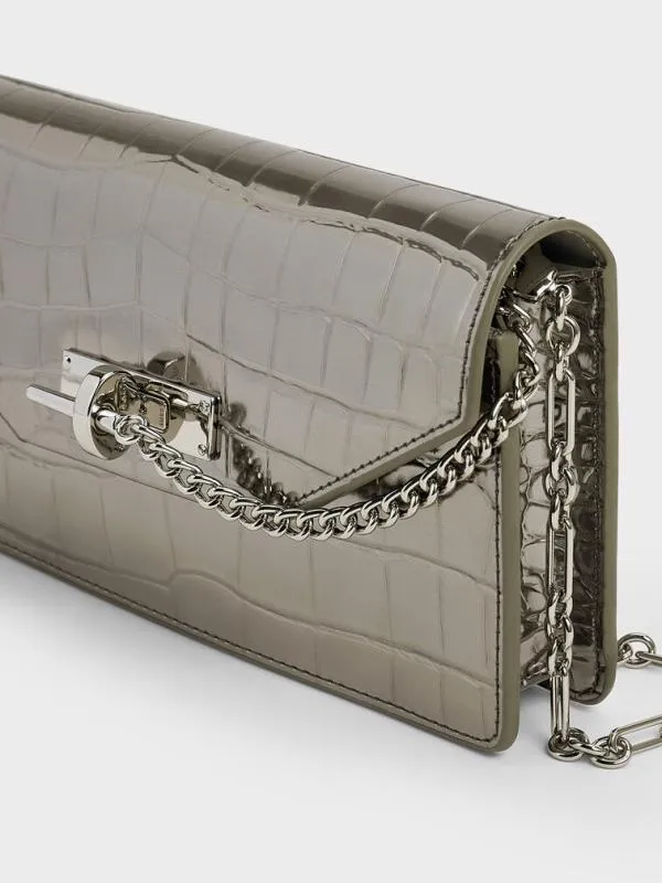 Women Samantha Metallic CrocEffect ChainEmbellished Crossbody Bag 8211 Pewter CHARLES and KEITH Crossbody Bags