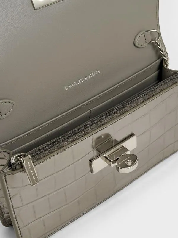 Women Samantha Metallic CrocEffect ChainEmbellished Crossbody Bag 8211 Pewter CHARLES and KEITH Crossbody Bags