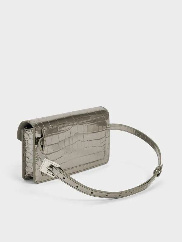 Women Samantha Metallic CrocEffect ChainEmbellished Crossbody Bag 8211 Pewter CHARLES and KEITH Crossbody Bags